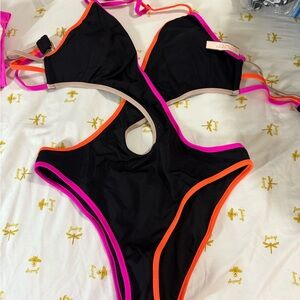 Victoria's Secret Black Swimsuit with Pink and Tan Accents
